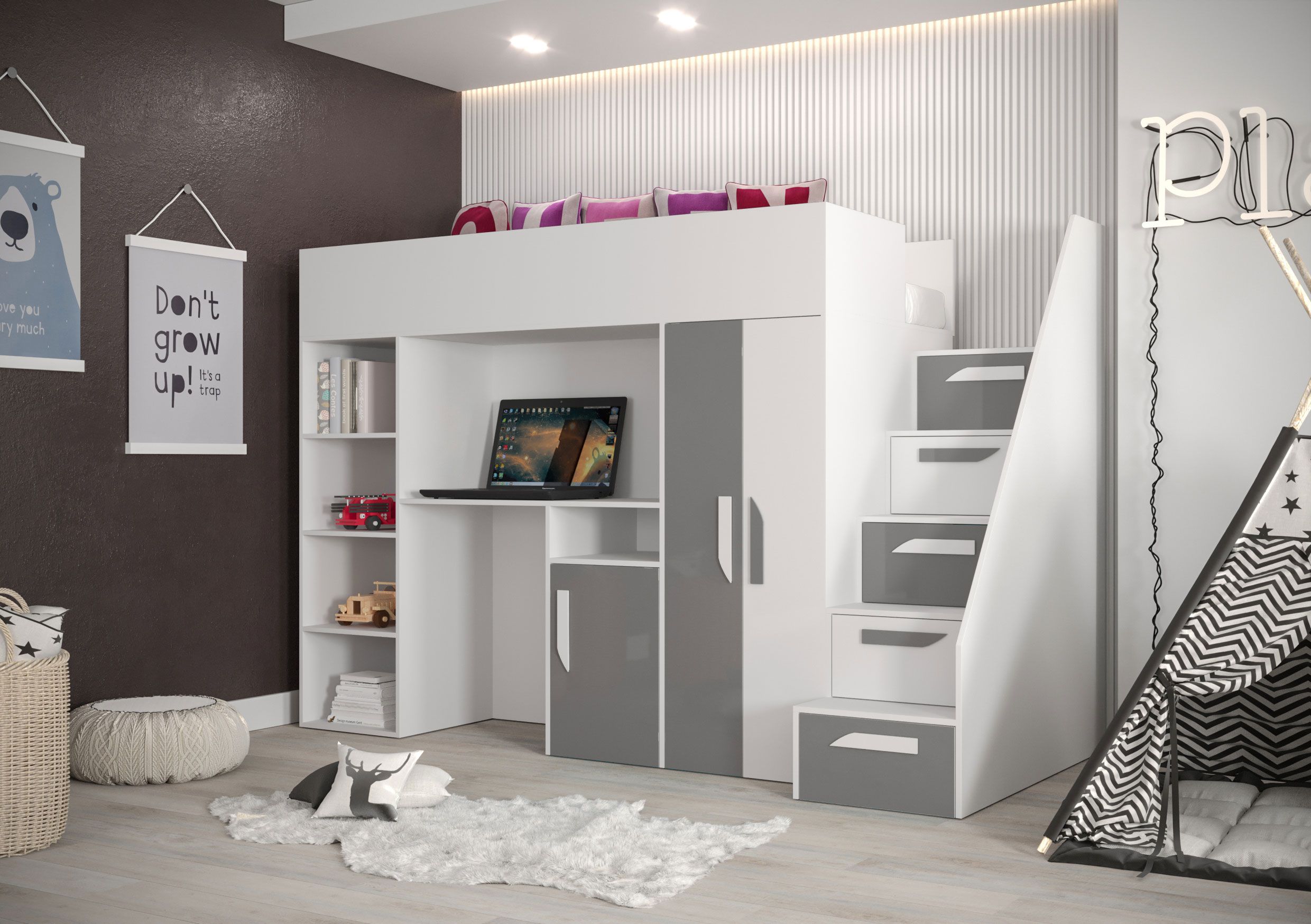 Lit fonctionnel / lit d'enfant / lit mezzanine avec espace de rangement et bureau Jura 19, couleur : blanc / gris - dimensions : 165 x 247 x 120 cm (h x l x p)