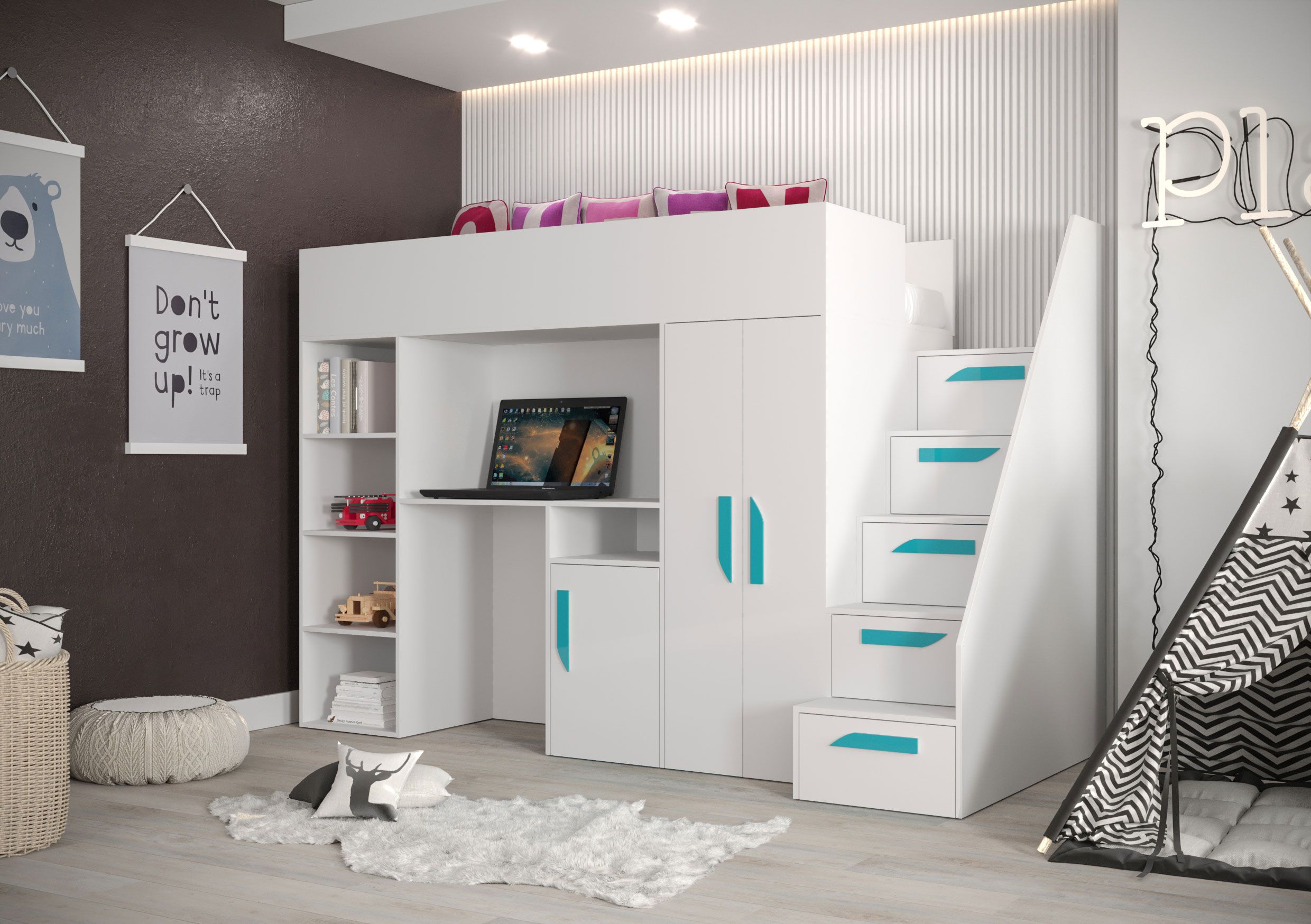 Lit fonctionnel / lit d'enfant / lit surélevé avec espace de rangement et bureau Jura 21, couleur : blanc / turquoise - dimensions : 165 x 247 x 120 cm (h x l x p)