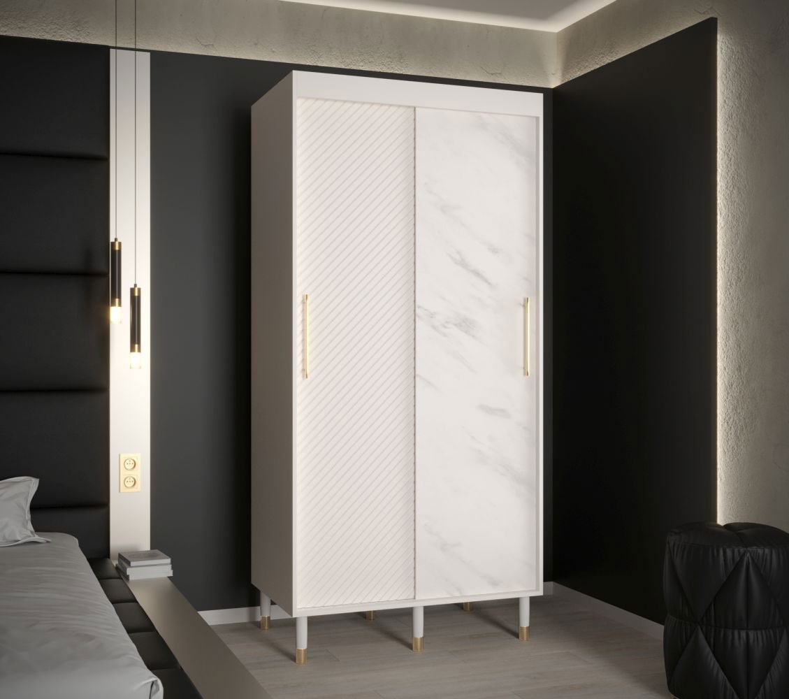 Armoire à portes coulissantes unique en son genre, aspect marbre Jotunheimen 25, couleur : blanc - Dimensions : 208 x 100,5 x 62 cm (H x L x P)