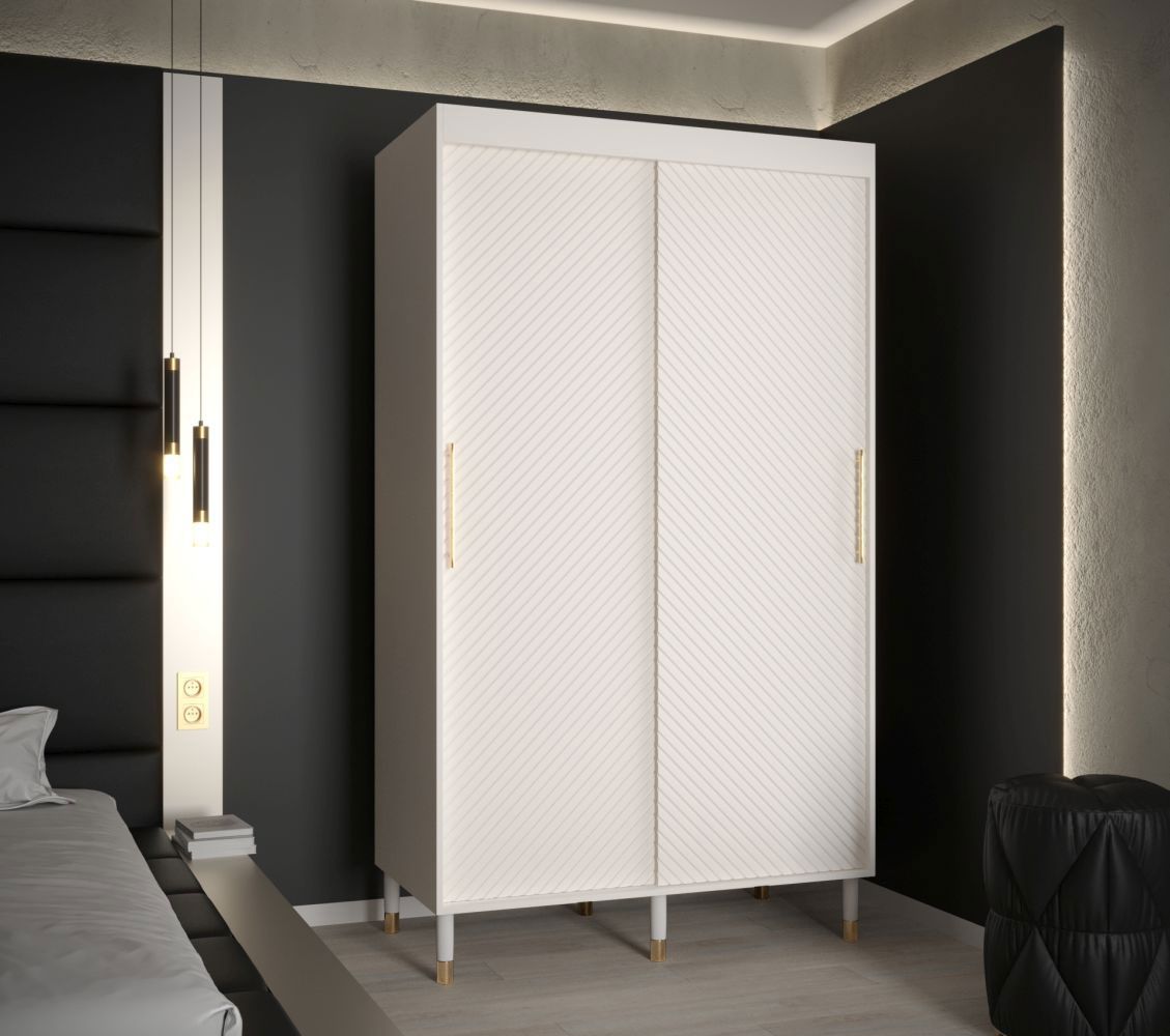 Armoire à portes coulissantes avec deux barres de penderie Jotunheimen 03, couleur : blanc - dimensions : 208 x 120,5 x 62 cm (h x l x p), avec cinq compartiments