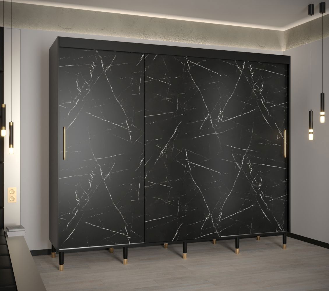 Armoire à portes coulissantes avec suffisamment d'espace de rangement Jotunheimen 48, couleur : noir - dimensions : 208 x 250,5 x 62 cm (h x l x p), avec aspect marbre