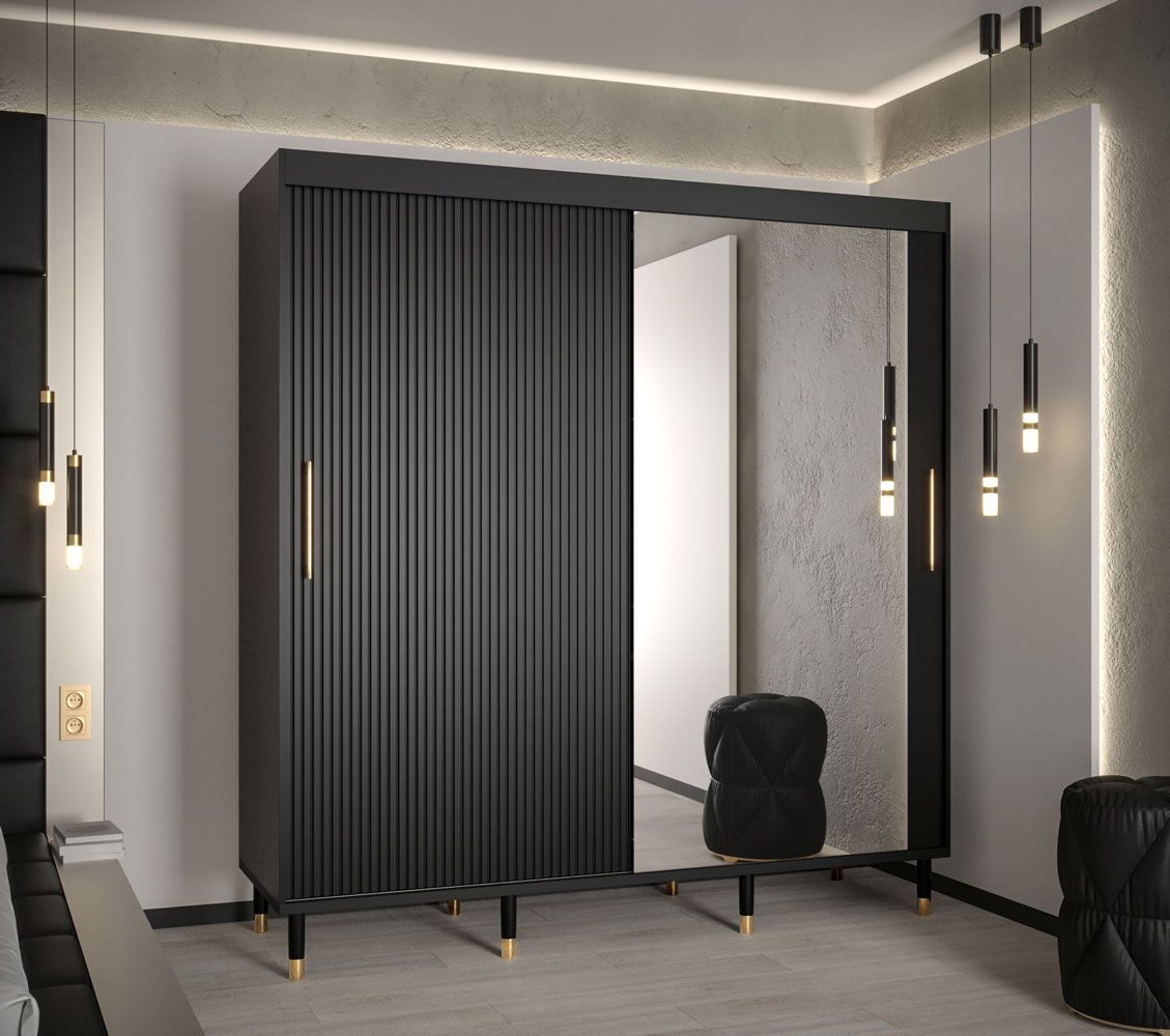 Armoire avec une porte miroir et deux barres de penderie Jotunheimen 118, couleur : noir - Dimensions : 208 x 200,5 x 62 cm (h x l x p)