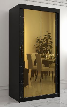 Armoire avec deux portes miroir Hochfeiler 76, Couleur : Noir / Marbre noir - Dimensions : 200 x 100 x 62 cm (h x l x p), avec cinq casiers