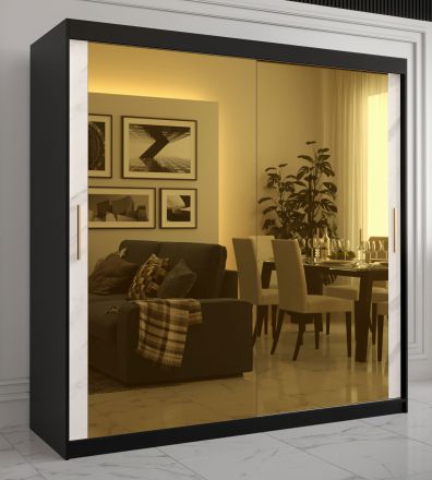Armoire exceptionnelle avec deux portes miroir Hochfeiler 90, Couleur : Noir / Marbre blanc - Dimensions : 200 x 200 x 62 cm (h x l x p), avec 10 compartiments et deux tringles à vêtements