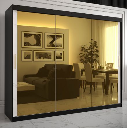 Armoire à trois portes avec grand espace de rangement Hochfeiler 94, Couleur : Noir / Marbre blanc - Dimensions : 200 x 250 x 62 cm (h x l x p), avec trois miroirs et 10 compartiments