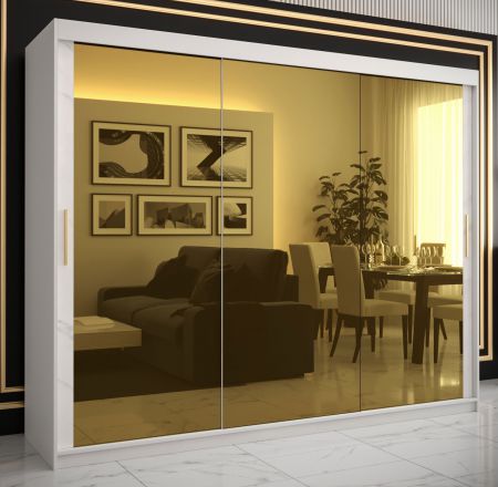 Armoire moderne avec trois grandes portes à miroir Hochfeiler 95, Couleur : Blanc / Marbre blanc - Dimensions : 200 x 250 x 62 cm (h x l x p), avec 10 compartiments et deux tringles à vêtements