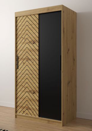 Armoire simple au design moderne Mulhacen 01, Couleur : Chêne Artisan / Noir mat - Dimensions : 200 x 100 x 62 cm (h x l x p), avec cinq casiers et deux tringles à vêtements
