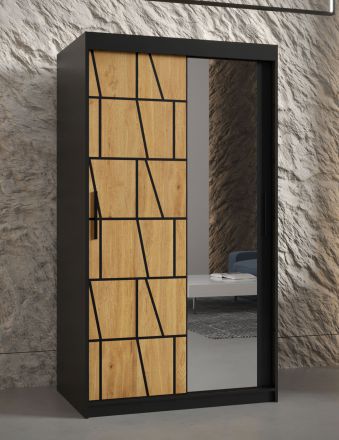 Armoire étroite avec miroir Olperer 13, Couleur : Noir mat - Dimensions : 200 x 100 x 62 cm (h x l x p), avec grand espace de rangement