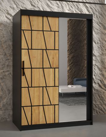 Armoire élégante avec miroir Olperer 14, Couleur : Noir mat - Dimensions : 200 x 120 x 62 cm (h x l x p), avec façade stylée