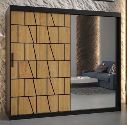 Armoire avec porte miroir Olperer 17, Couleur : Noir mat - Dimensions : 200 x 200 x 62 cm (h x l x p), avec 10 compartiments et deux tringles à vêtements