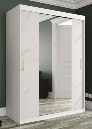 Armoire élégante Ätna 60, Couleur : Blanc mat / Marbre blanc - Dimensions : 200 x 150 x 62 cm (h x l x p), avec miroir