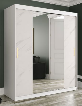 Armoire avec grand miroir Ätna 64, Couleur : Blanc mat / Marbre blanc - Dimensions : 200 x 180 x 62 cm (h x l x p), avec 10 compartiments