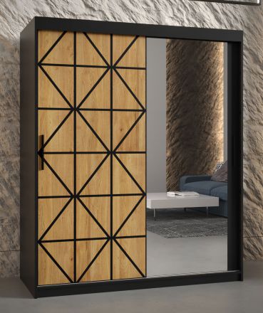 Armoire avec une porte miroir Zumsteinspitze 15, Couleur : Noir mat - Dimensions : 200 x 150 x 62 cm (h x l x p), avec cinq casiers et deux tringles à vêtements