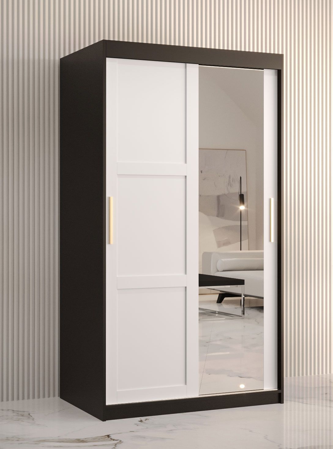Armoire avec une porte miroir Liskamm 27, Couleur : Noir mat / Blanc mat - Dimensions : 200 x 100 x 62 cm (h x l x p), avec deux portes