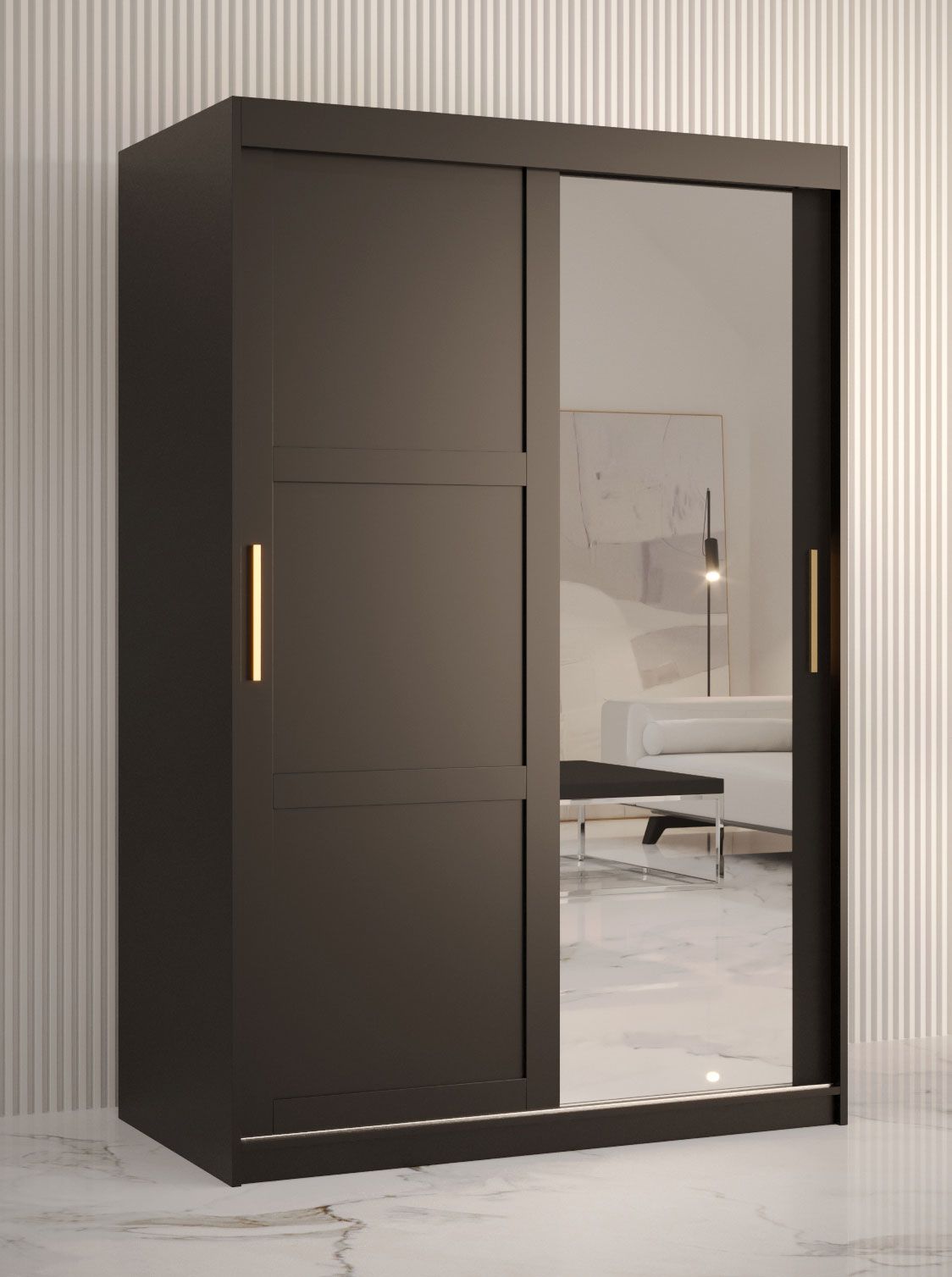 Armoire à vêtements stylée avec une porte miroir Liskamm 32, Couleur : Noir mat - Dimensions : 200 x 120 x 62 cm (h x l x p), avec cinq casiers
