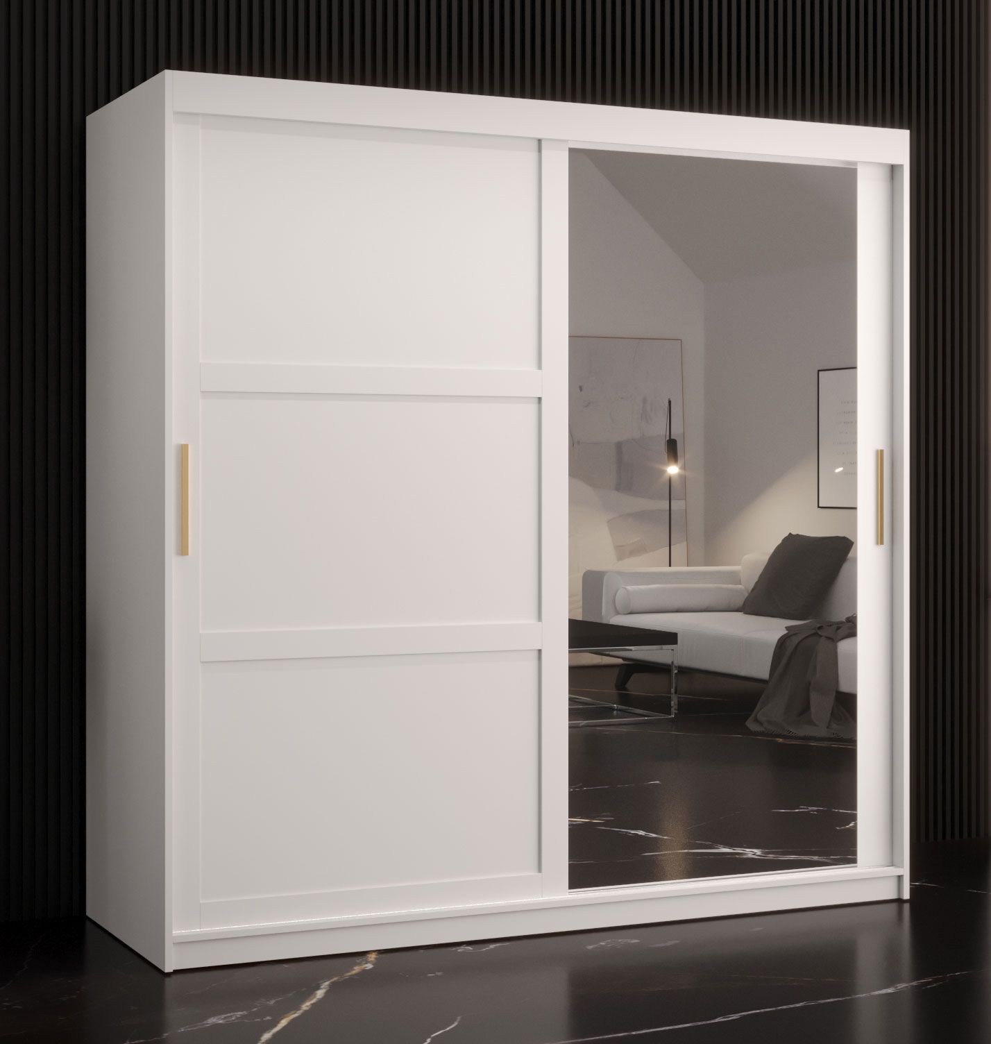 Armoire moderne avec grand espace de rangement Liskamm 37, Couleur : Blanc mat - Dimensions : 200 x 180 x 62 cm (h x l x p), avec une porte à miroir