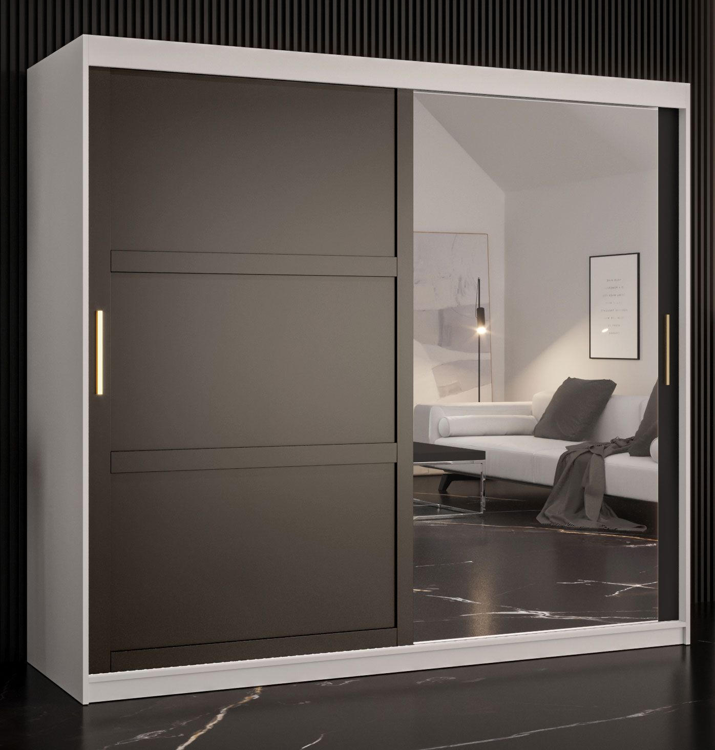 Armoire élégante avec une porte miroir Liskamm 42, Couleur : Blanc mat / Noir mat - Dimensions : 200 x 200 x 62 cm (h x l x p), avec 10 compartiments et deux tringles à vêtements