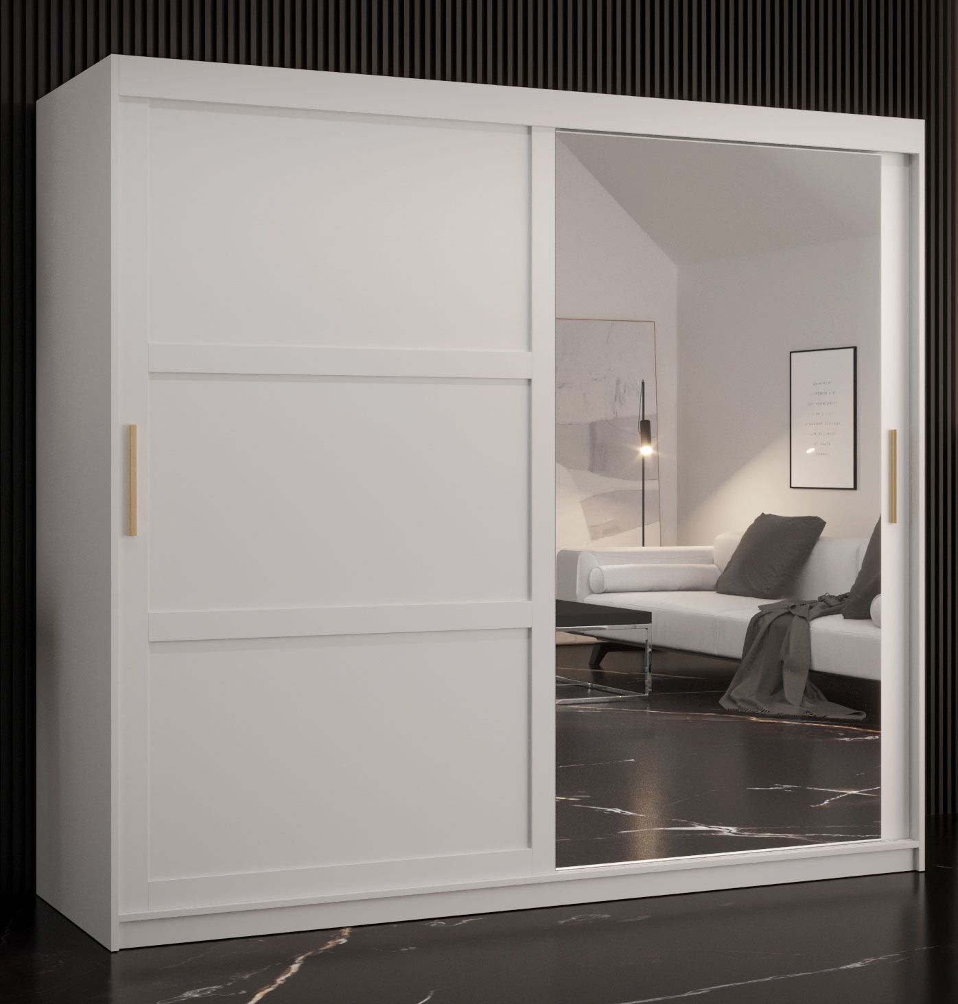 Armoire avec une porte miroir Liskamm 41, Couleur : Blanc mat - Dimensions : 200 x 200 x 62 cm (h x l x p), avec 10 compartiments et deux tringles à vêtements