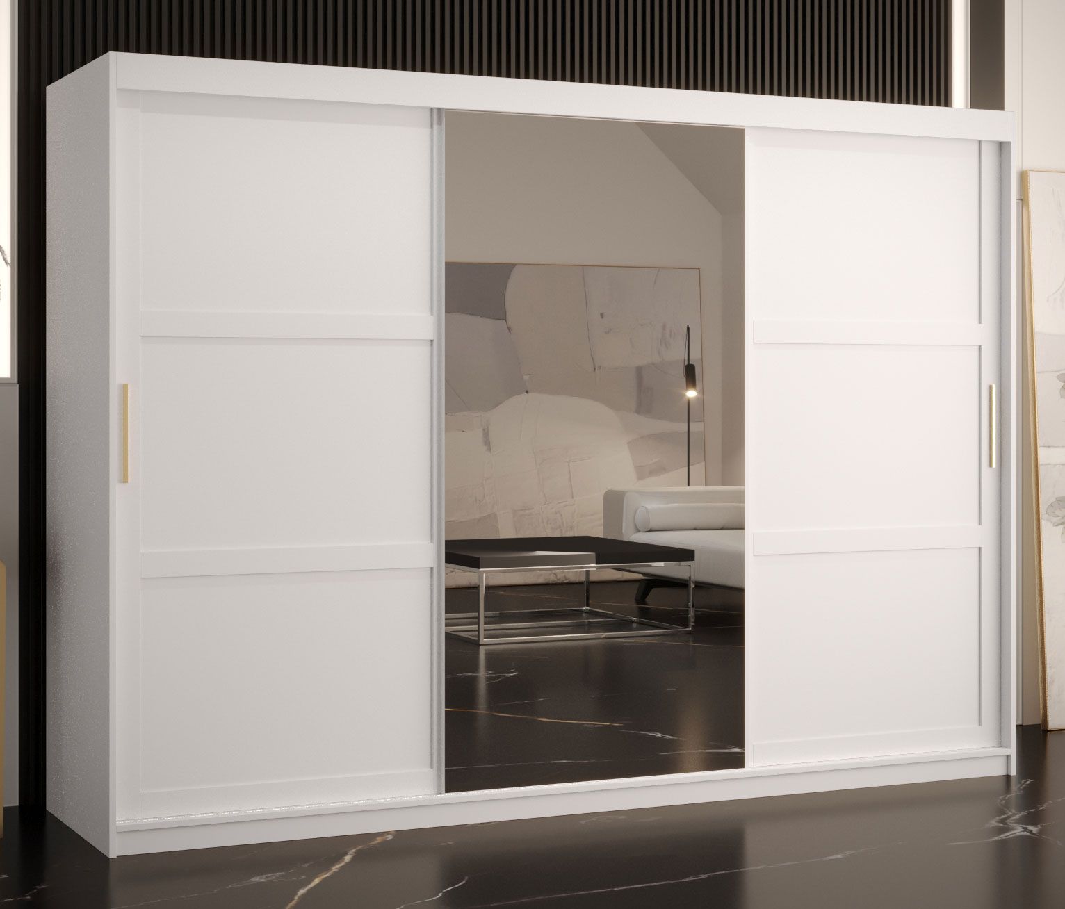 Armoire noble avec une porte à miroir Liskamm 45, Couleur : Blanc mat - Dimensions : 200 x 250 x 62 cm (h x l x p), avec trois portes
