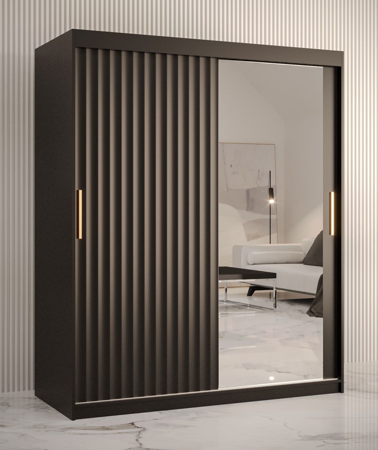 Armoire noble avec une porte à miroir Balmenhorn 84, Couleur : Noir mat - Dimensions : 200 x 150 x 62 cm (h x l x p), avec cinq casiers et deux tringles à vêtements