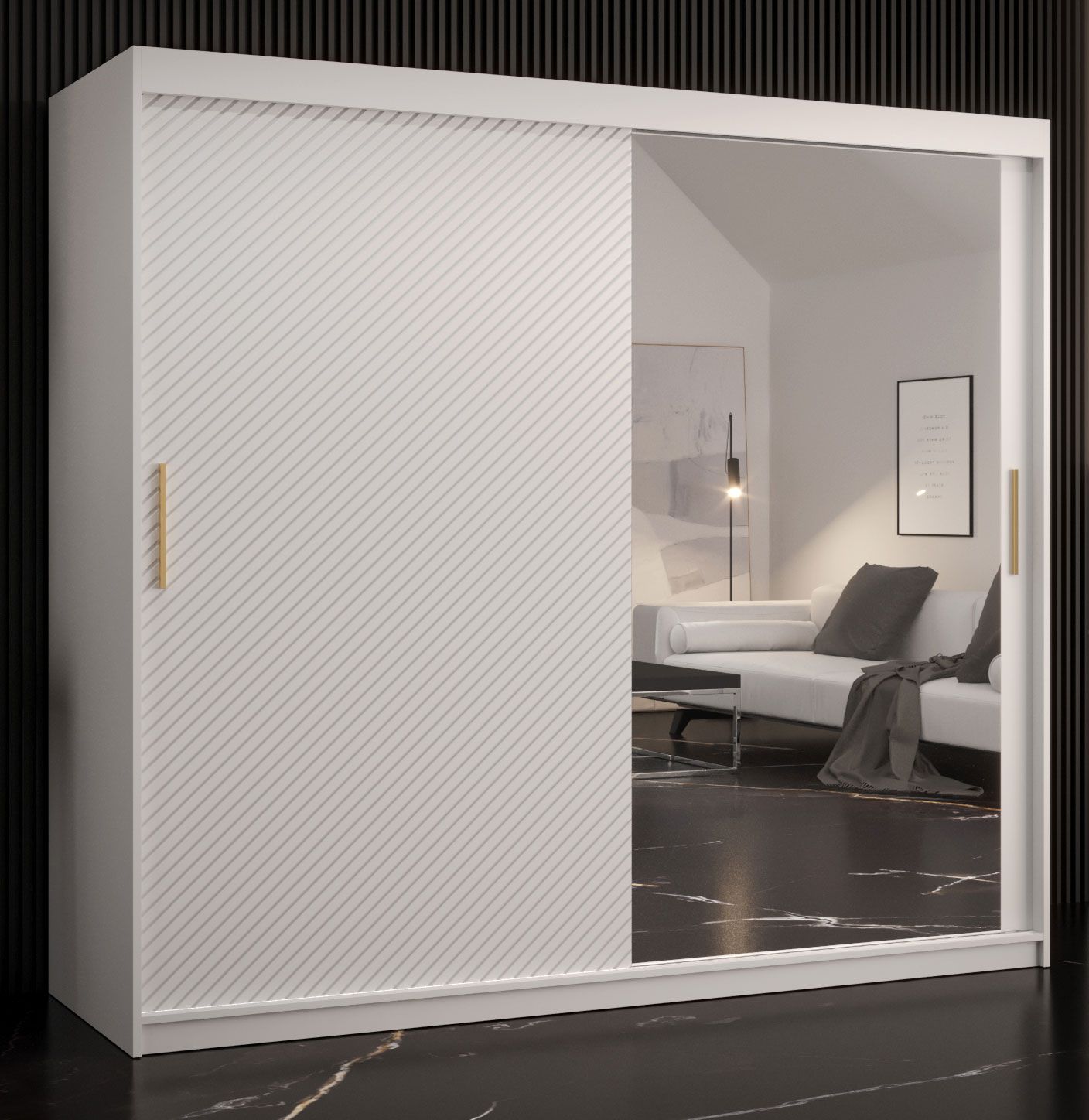 Armoire moderne avec grand espace de rangement Balmenhorn 41, Couleur : Blanc mat - Dimensions : 200 x 200 x 62 cm (h x l x p), avec une porte à miroir