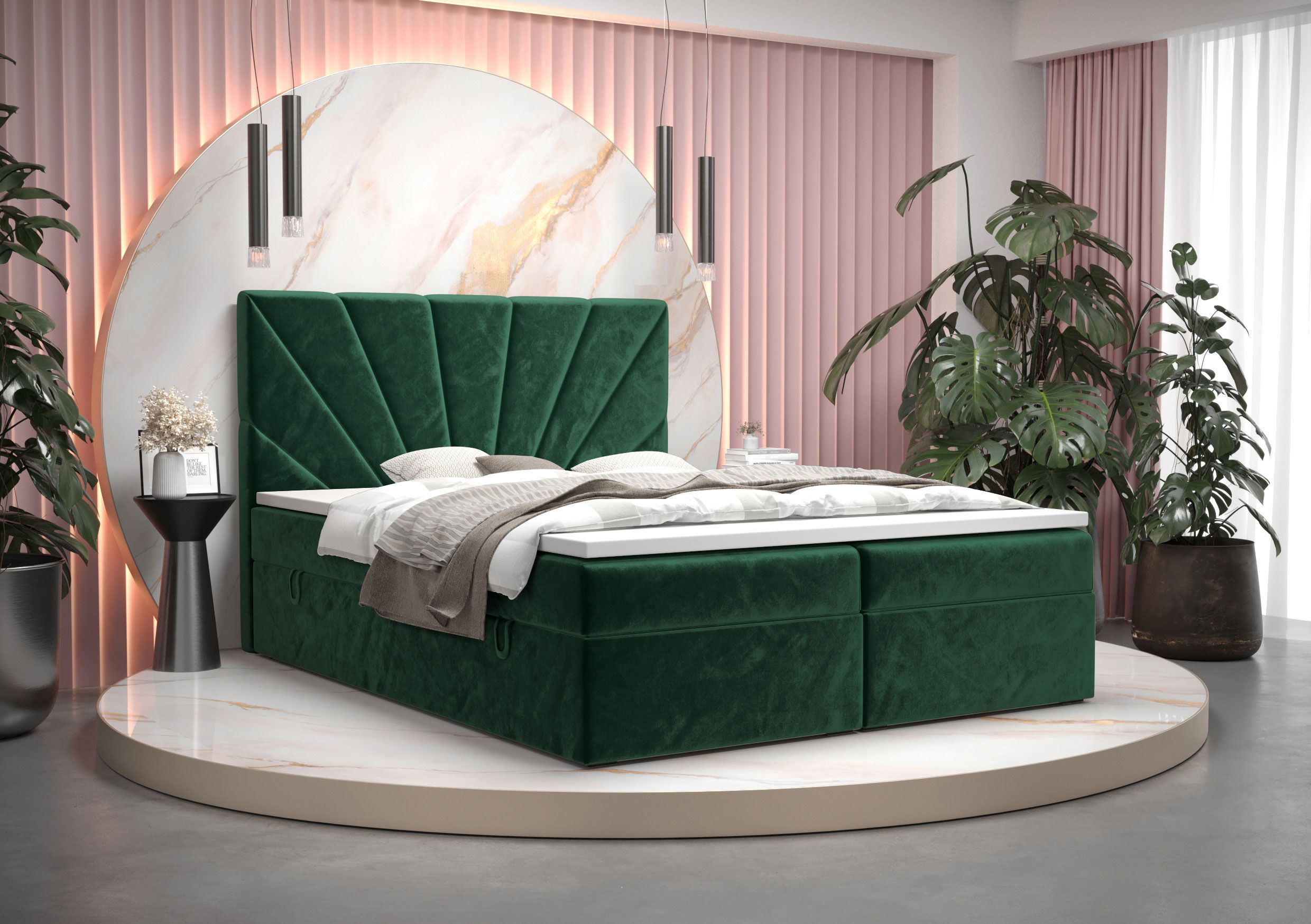 Grand lit double avec tissu velours doux Pirin 28, Couleur : Vert - Surface de couchage : 180 x 200 cm (l x L)
