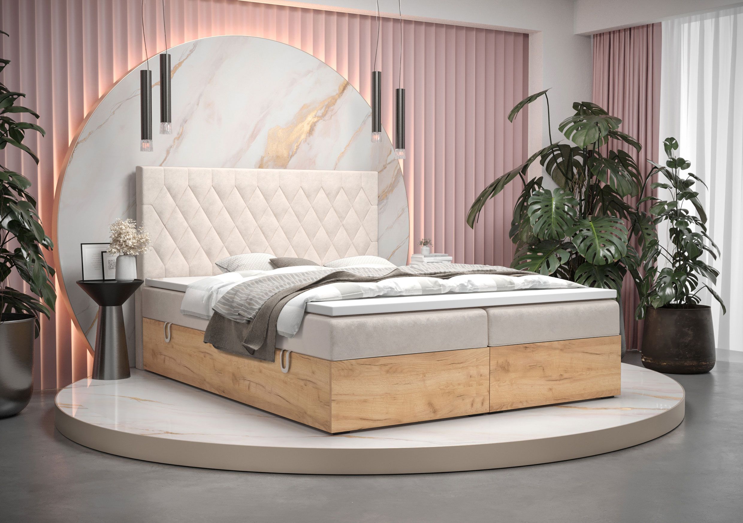 Elégant lit double avec espace de rangement Pilio 71, Couleur : Beige / Chêne Golden Craft - couchage : 180 x 200 cm (l x L)