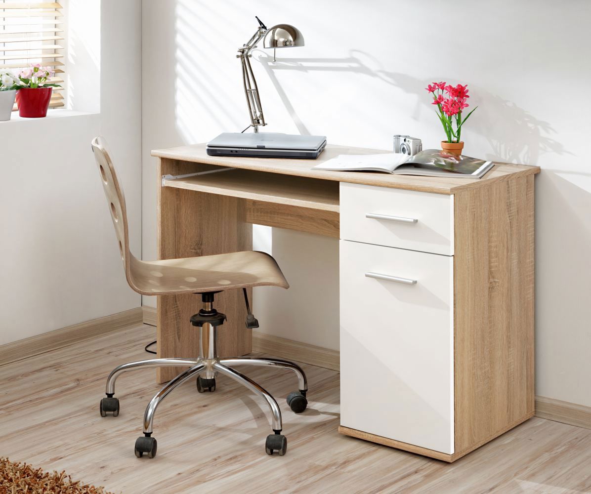 Bureau avec un tiroir et une porte Velle 10, Couleur : Chêne Sonoma / Blanc - Dimensions : 76 x 104 x 50 cm (H x L x P), avec tablette coulissante