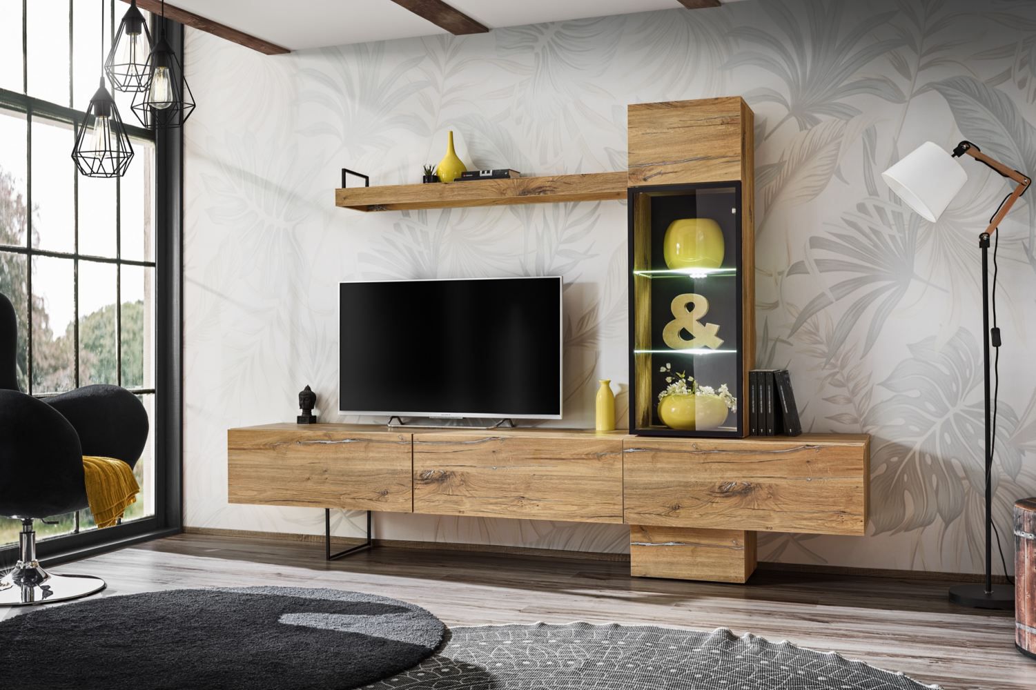 Elégant meuble-paroi Bjordal 24, couleur : chêne Flagstaff - dimensions : 170 x 240 x 40 cm (h x l x p), avec éclairage LED