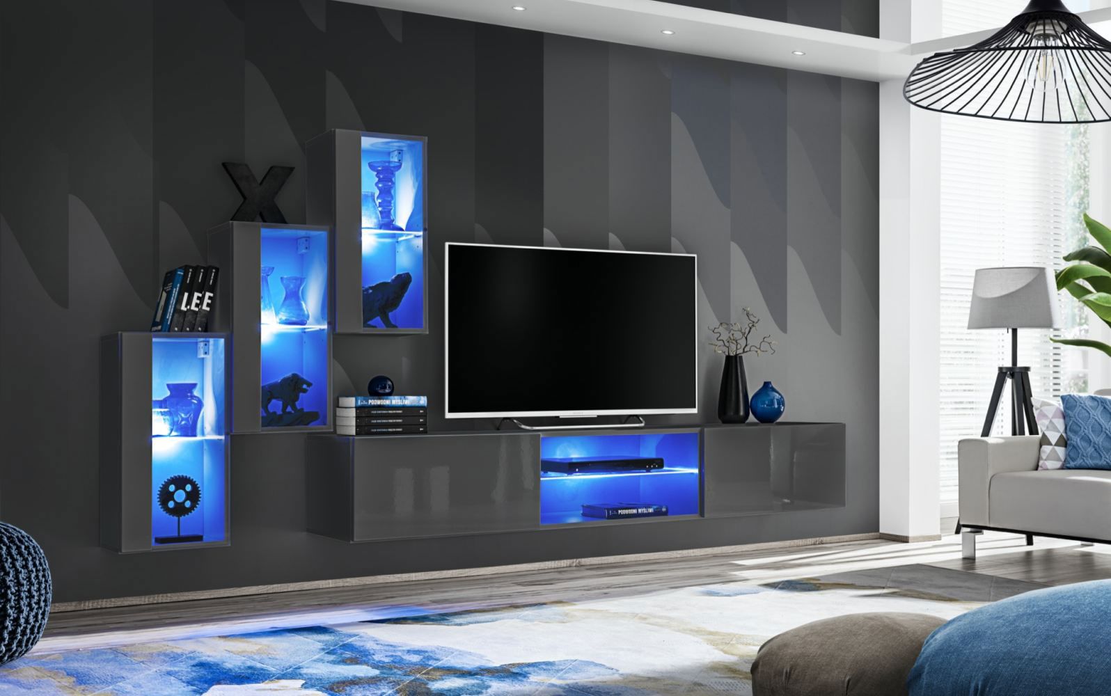Meuble-paroi avec suffisamment d'espace de rangement Volleberg 19, couleur : gris - dimensions : 120 x 210 x 40 cm (h x l x p), avec éclairage LED bleu