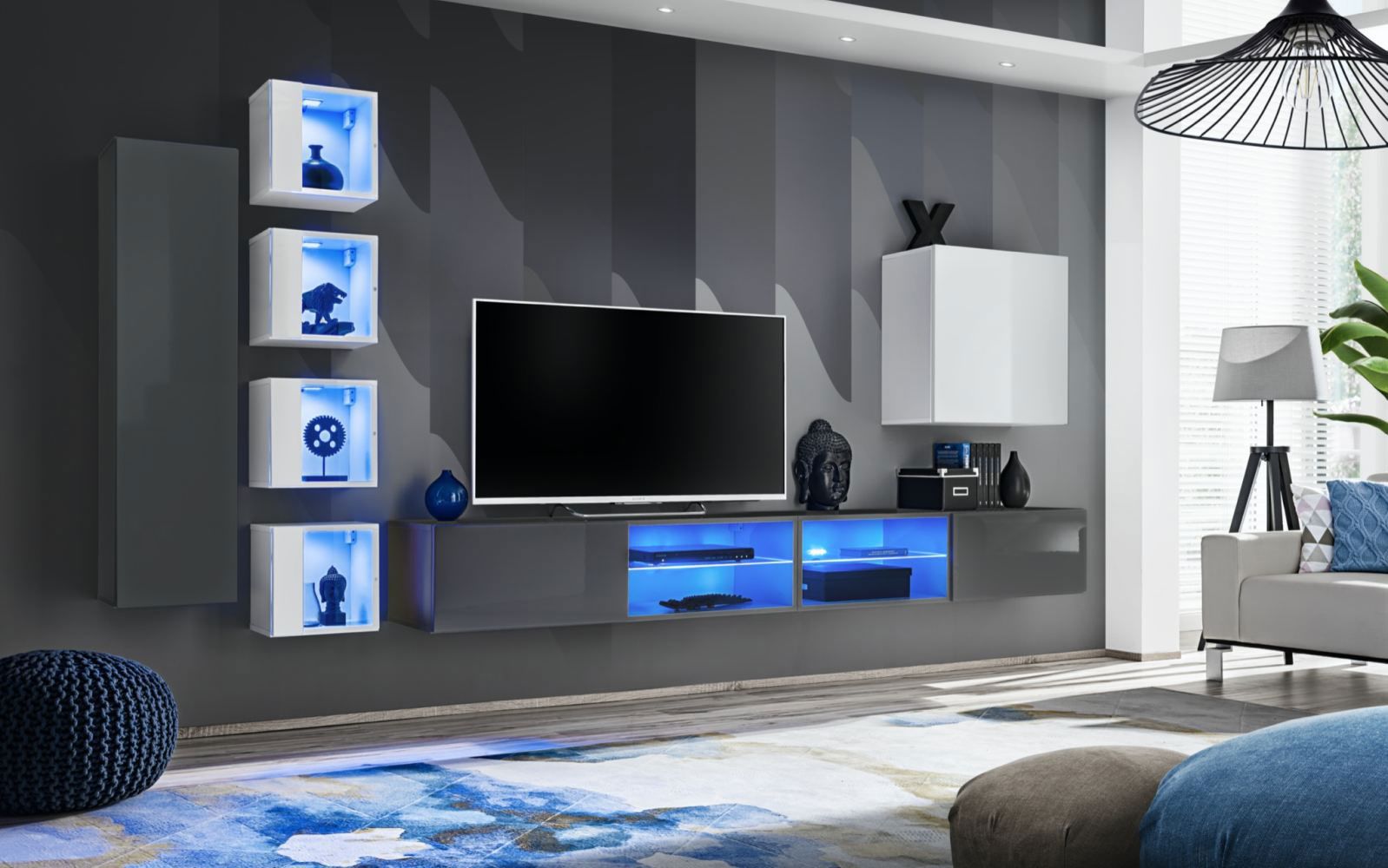 Elégant mur de salon Volleberg 88, couleur : gris / blanc - dimensions : 150 x 280 x 40 cm (h x l x p), avec éclairage LED bleu