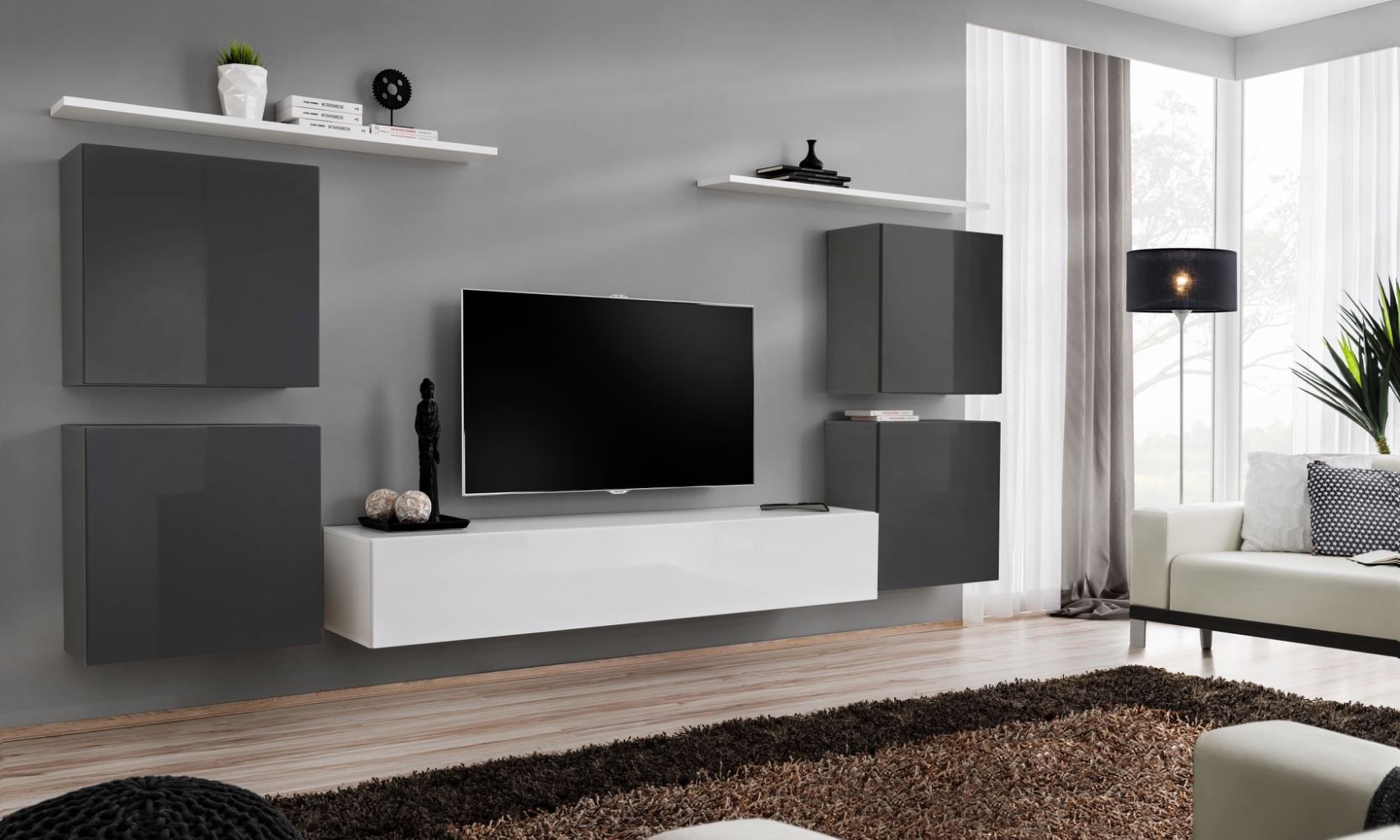 Elégant meuble-paroi Balestrand 56, couleur : gris / blanc - dimensions : 150 x 320 x 40 cm (h x l x p), avec fonction push-to-open