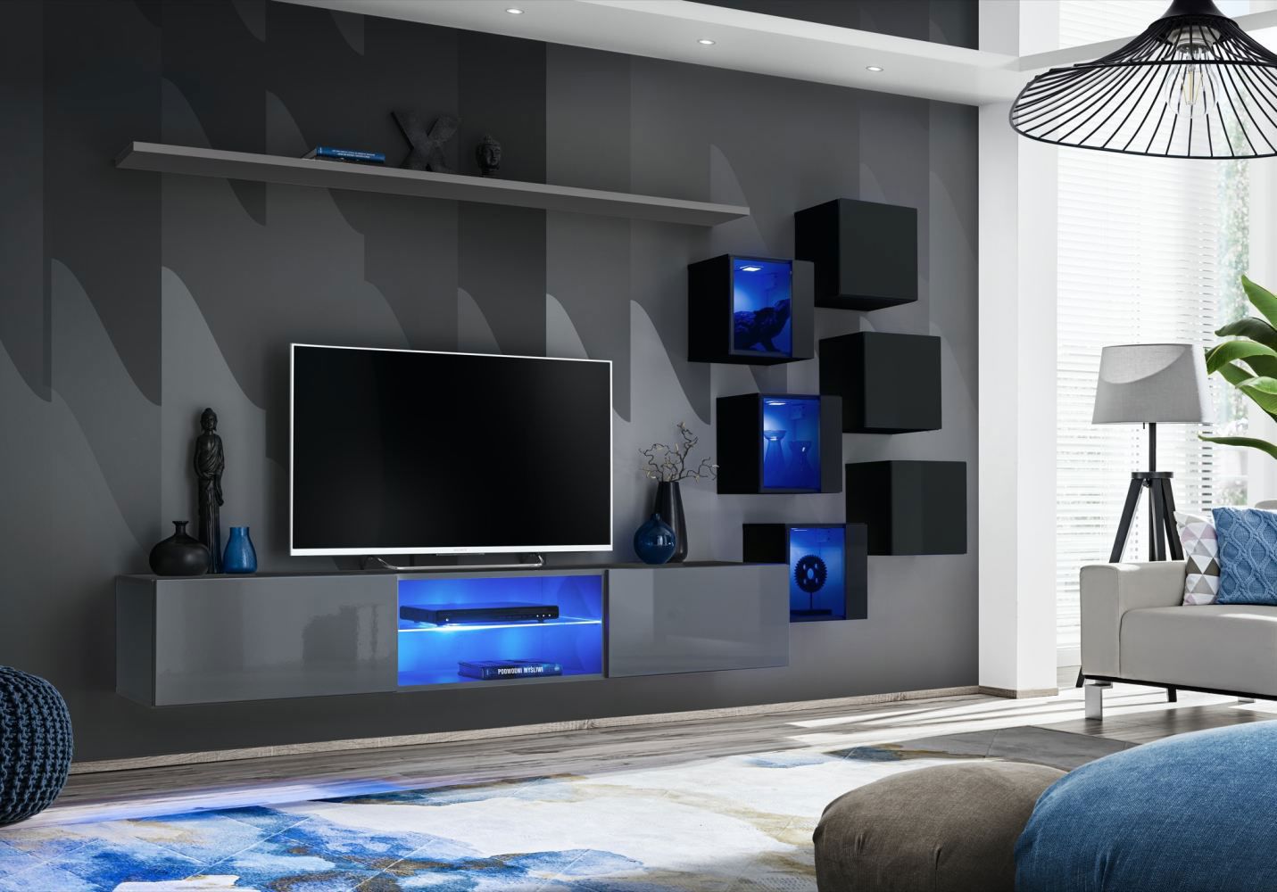 Meuble-paroi au design stylé Volleberg 09, couleur : gris / noir - dimensions : 140 x 260 x 40 cm (h x l x p), avec éclairage LED bleu