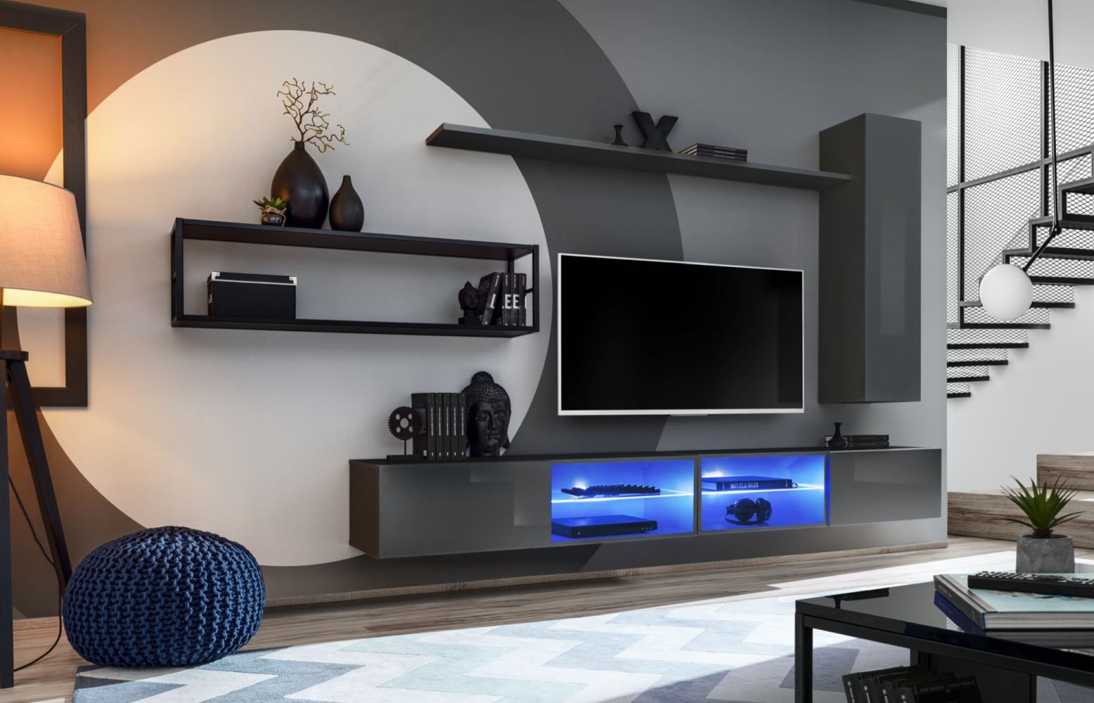 Mur de salon au design élégant Valand 15, couleur : gris - dimensions : 170 x 300 x 40 cm (h x l x p), avec éclairage LED bleu