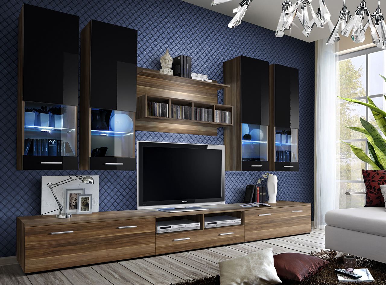 Grand meuble-paroi Bjordal 65, couleur : noyer / noir brillant - Dimensions : 190 x 300 x 45 cm (H x L x P), avec suffisamment d'espace de rangement