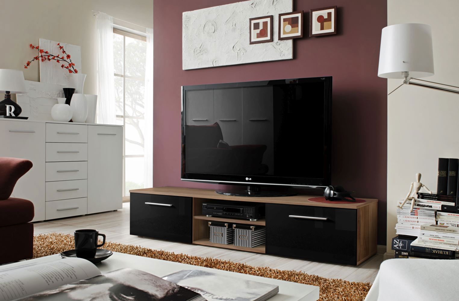 Meuble TV Salmeli 25 moderne, couleur : noir / marron - dimensions : 35 x 180 x 45 cm (h x l x p), avec deux portes