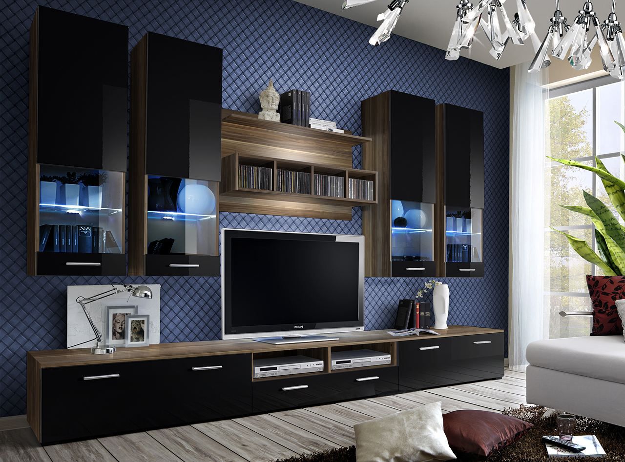 Elégant meuble-paroi Bjordal 67, couleur : noir brillant / noyer - Dimensions : 190 x 300 x 45 cm (H x L x P), avec éclairage LED