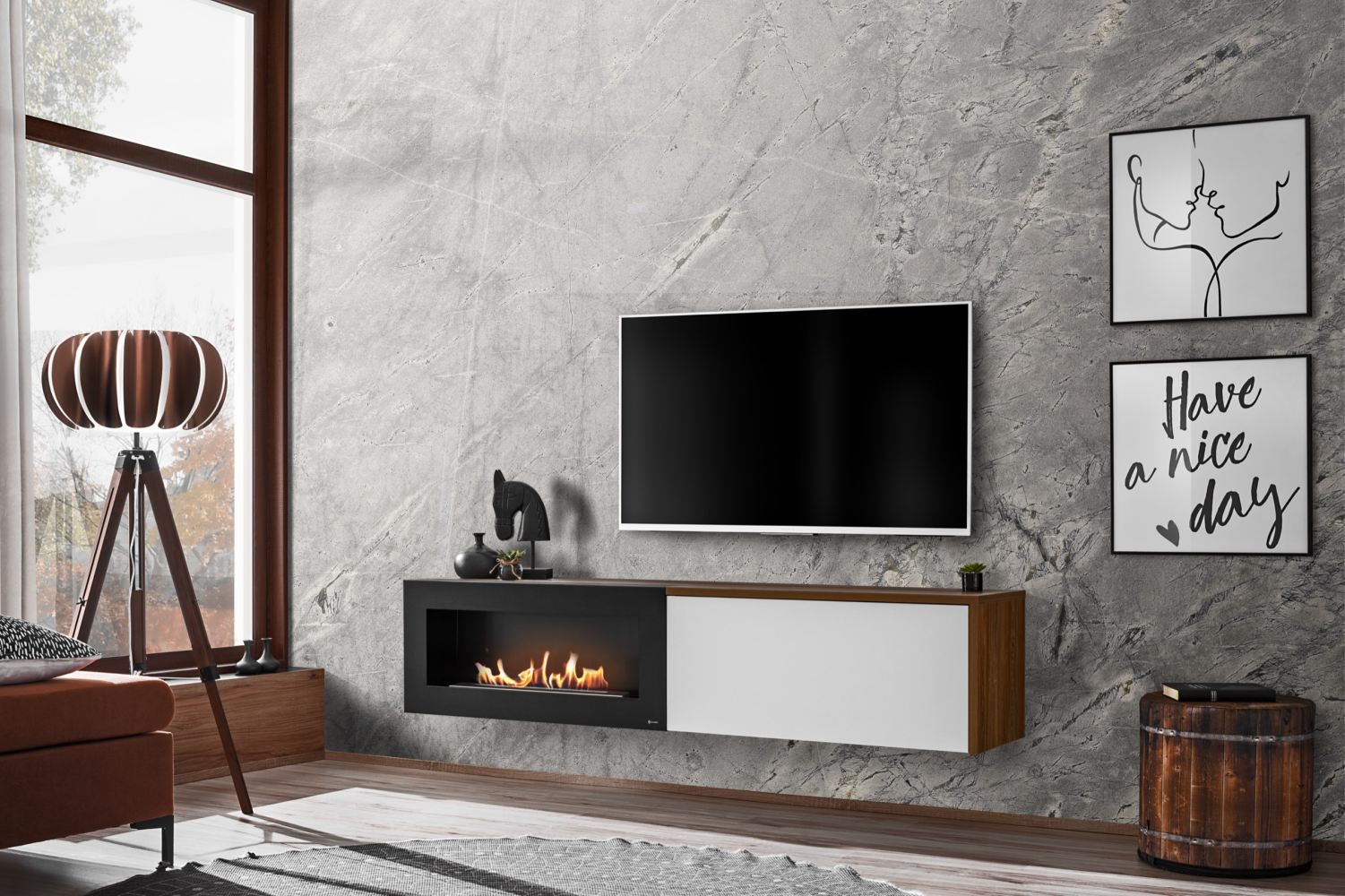 Elégant meuble TV Bjordal 17, couleur : blanc mat / chêne sterling - dimensions : 40 x 180 x 40 cm (H x L x P), avec cheminée au bioéthanol