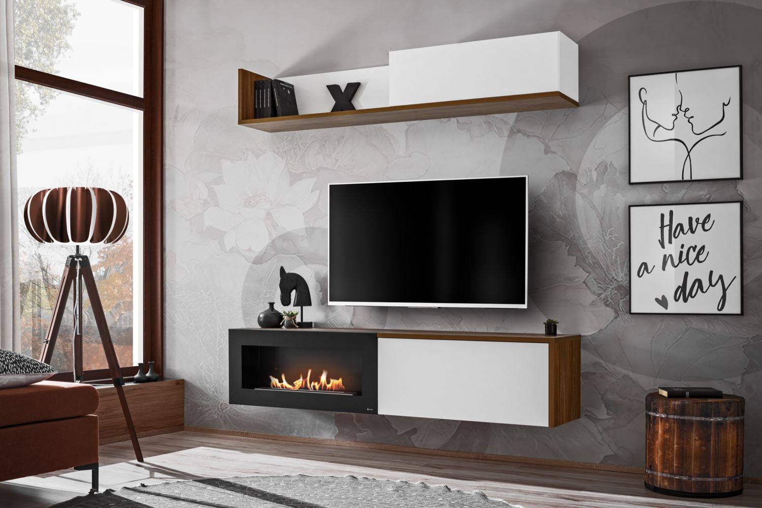 Elégant meuble-paroi Bjordal 11, couleur : blanc mat / chêne sterling - dimensions : 180 x 180 x 40 cm (H x L x P), avec cheminée au bioéthanol