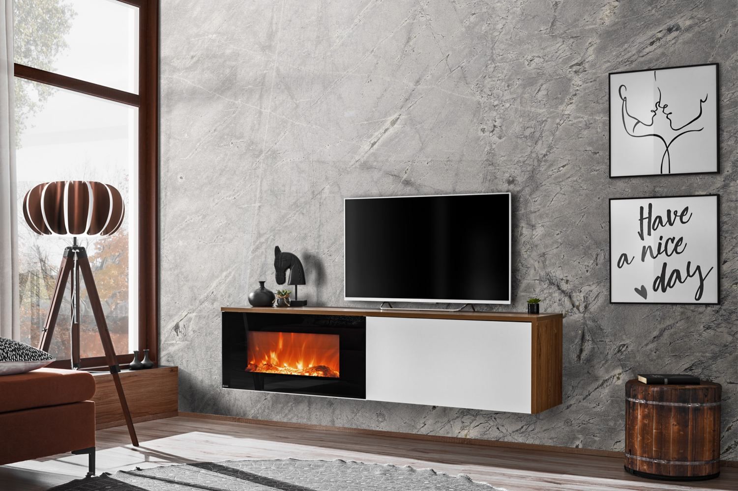 Meuble TV sobre avec cheminée électrique Bjordal 19, couleur : blanc mat / chêne sterling - dimensions : 45 x 180 x 40 cm (h x l x p), avec fonction push-to-open