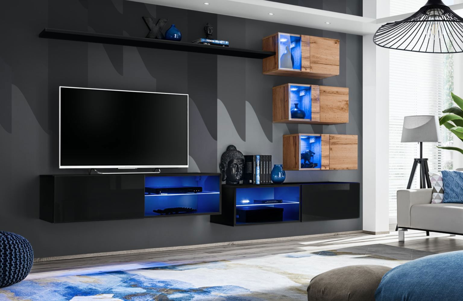 Paroi de salon Volleberg 62, couleur : noir / chêne Wotan - dimensions : 150 x 250 x 40 cm (h x l x p), avec deux meubles TV inférieurs