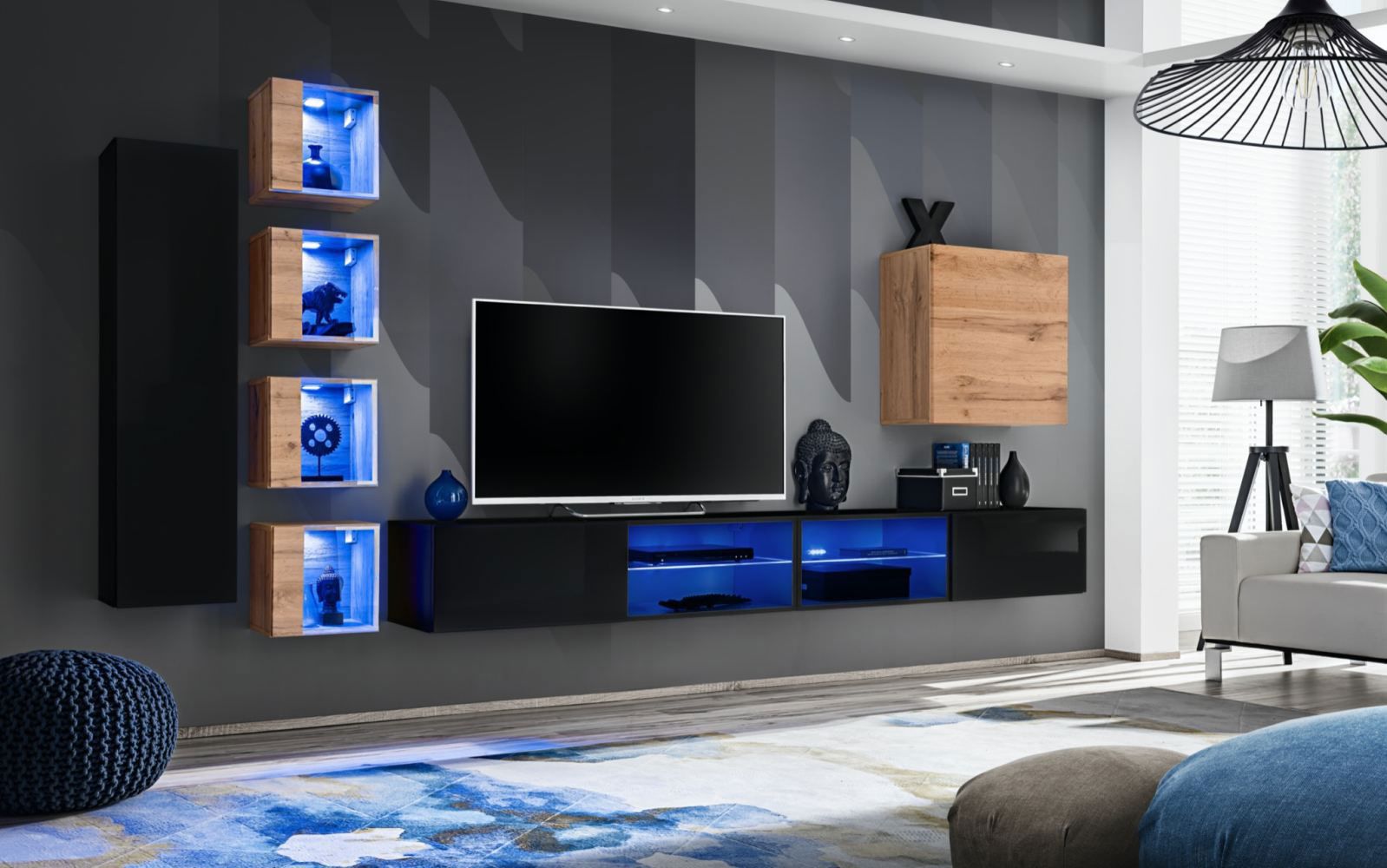 Paroi de salon au design moderne Volleberg 94, couleur : noir / chêne Wotan - dimensions : 150 x 280 x 40 cm (h x l x p), avec éclairage LED