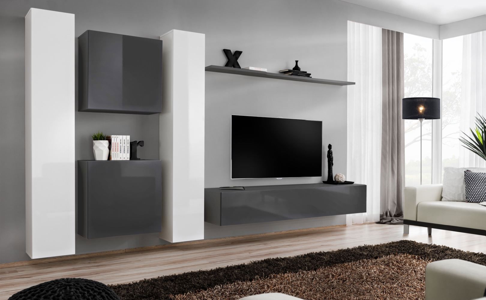 Elégant meuble-paroi Balestrand 87, couleur : blanc / gris - dimensions : 180 x 330 x 40 cm (h x l x p), avec suffisamment d'espace de rangement