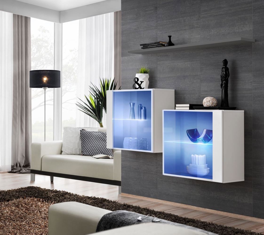 Deux élégantes vitrines suspendues avec éclairage LED Balestrand 360, Couleur : Blanc / Gris - Dimensions : 110 x 130 x 30 cm (h x l x p), avec tablette murale