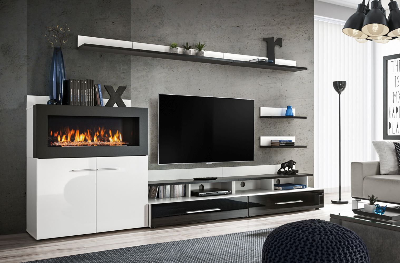 Elégant meuble-paroi Bjordal 45, couleur : blanc brillant / noir brillant - dimensions : 160 x 290 x 45 cm (h x l x p), avec cheminée au bioéthanol