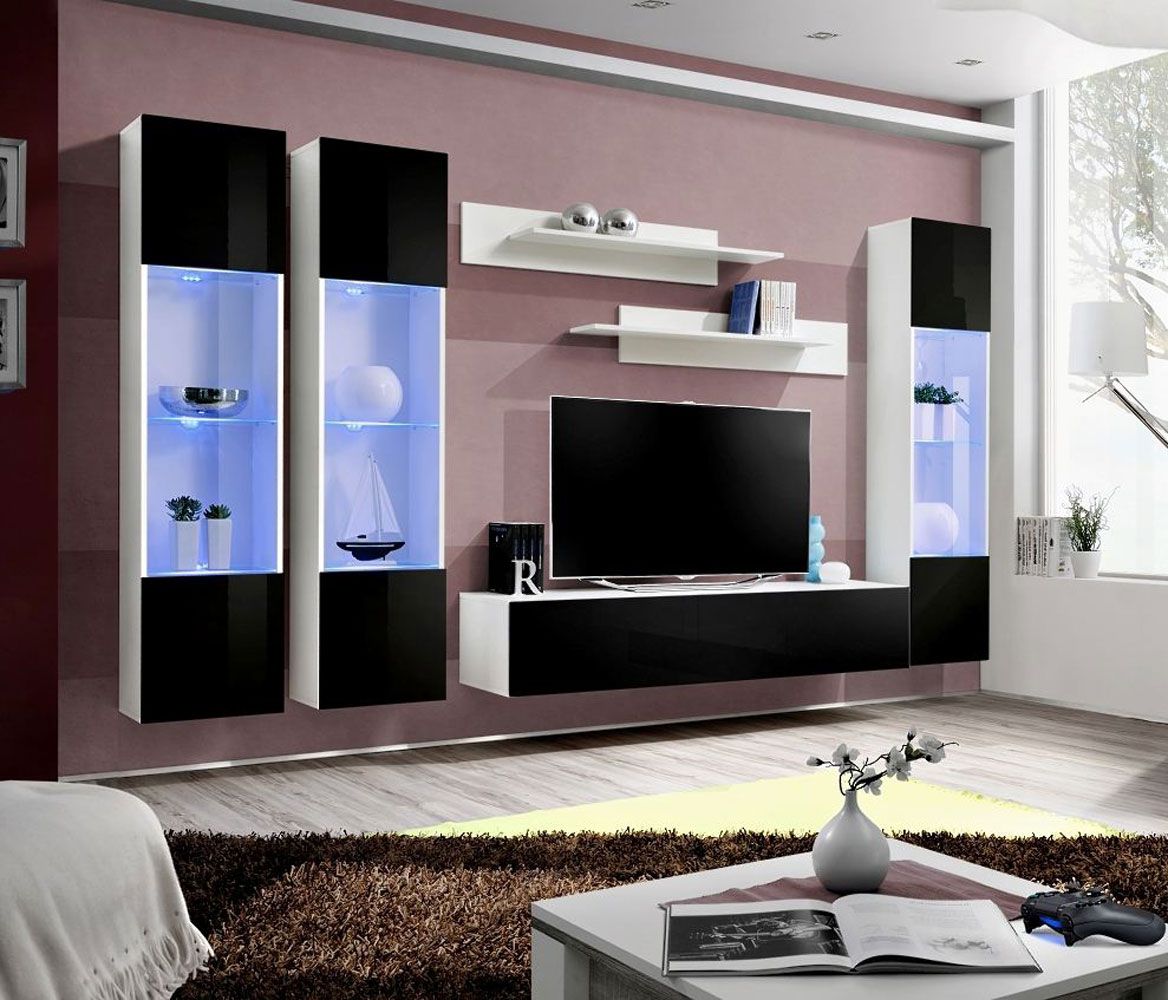 Paroi de salon moderne avec fonction push-to-open Hompland 29, couleur : blanc / noir - dimensions : 170 x 260 x 40 cm (h x l x p), avec éclairage LED