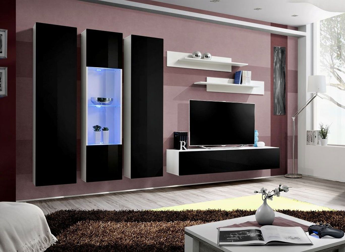Elégant meuble-paroi Hompland 37, couleur : noir / blanc - dimensions : 170 x 260 x 40 cm (h x l x p), avec suffisamment d'espace de rangement