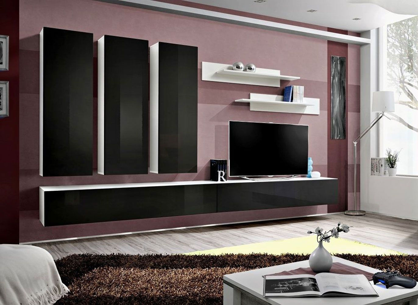 Grand meuble-paroi Hompland 41, couleur : noir / blanc - dimensions : 170 x 320 x 40 cm (h x l x p), avec suffisamment d'espace de rangement