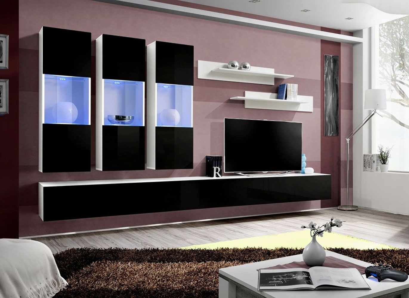 Elégant meuble-paroi Hompland 45, couleur : noir / blanc - dimensions : 170 x 320 x 40 cm (h x l x p), avec éclairage LED bleu