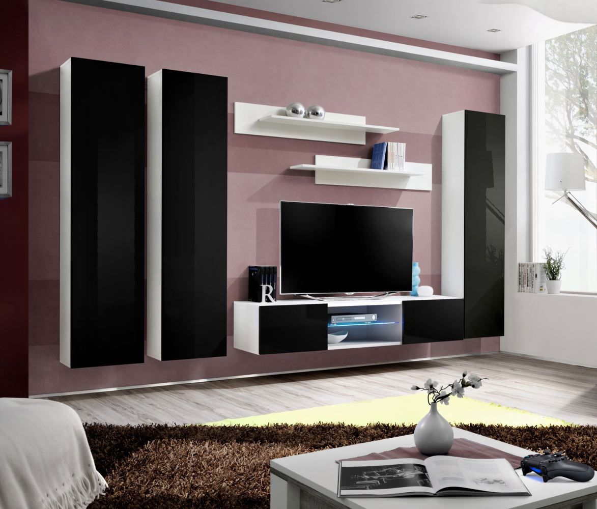 Elégant meuble-paroi Hompland 154, couleur : noir / blanc - dimensions : 170 x 260 x 40 cm (h x l x p), avec trois armoires suspendues